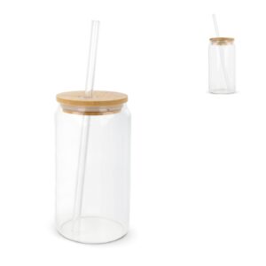 Glas mit Bambusdeckel & Strohhalm 450ml